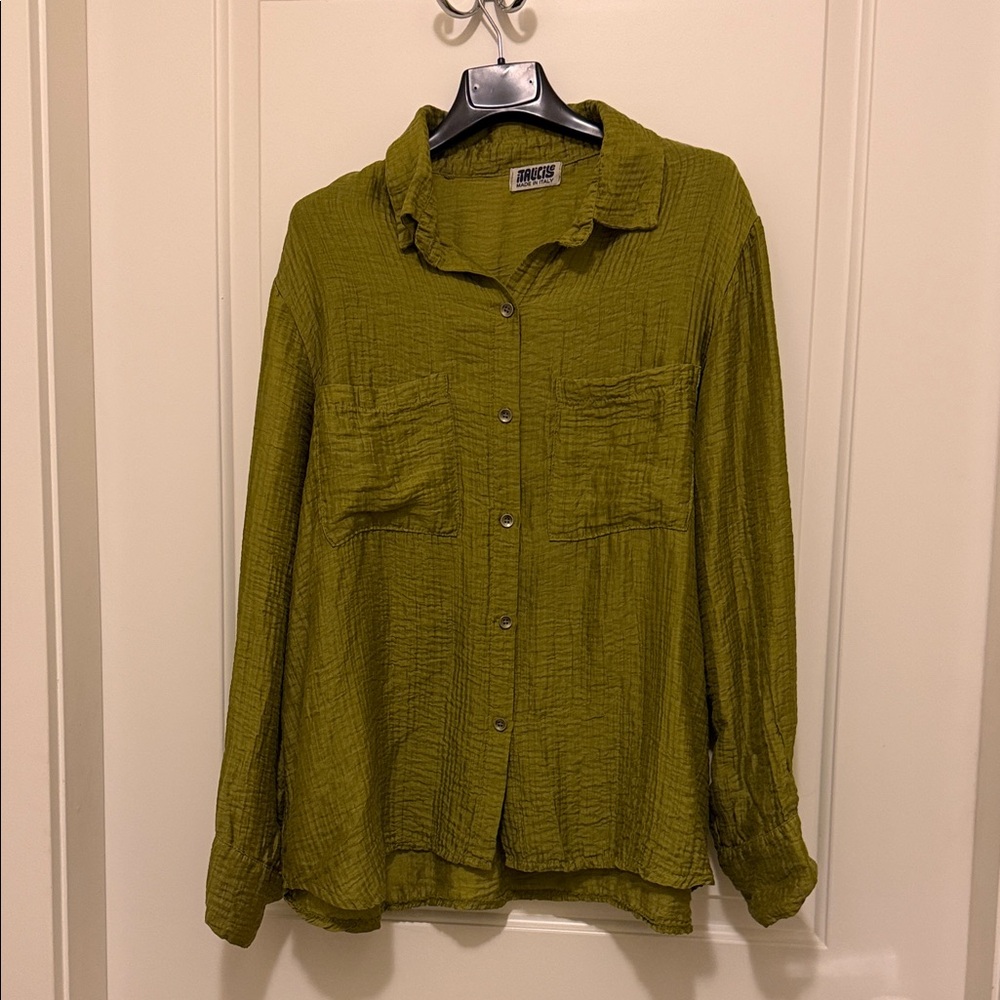 Italian Olive Green Textured Button-Front Women's Blouse